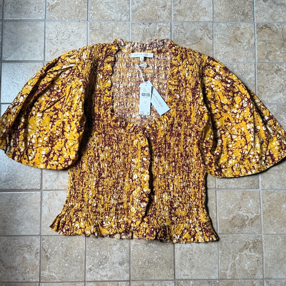 Love The Label Abstract Smocked Blouse Anthropologie Puff Sleeve Cotton Batik M - Picture 3 of 15